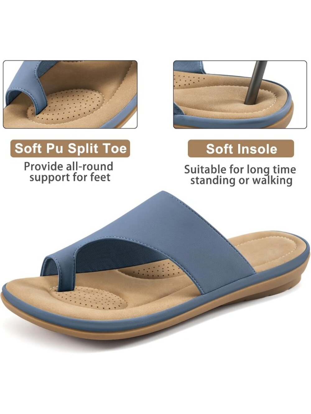 Women's Blue Leather Summer Flats Dressy Slides Soft Orthopedic Casual Shoes - Picture 5 of 6